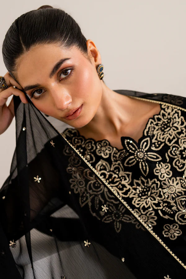 Onyx Black Luxury Stitched Chiffon Frock Outfit