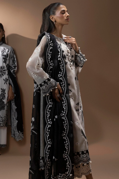 Stitched Beige & Black Embroidered Shirt