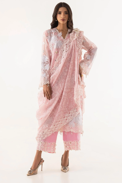 Stitched Pink Embroidered Slub Shirt + Culotte + Dupatta