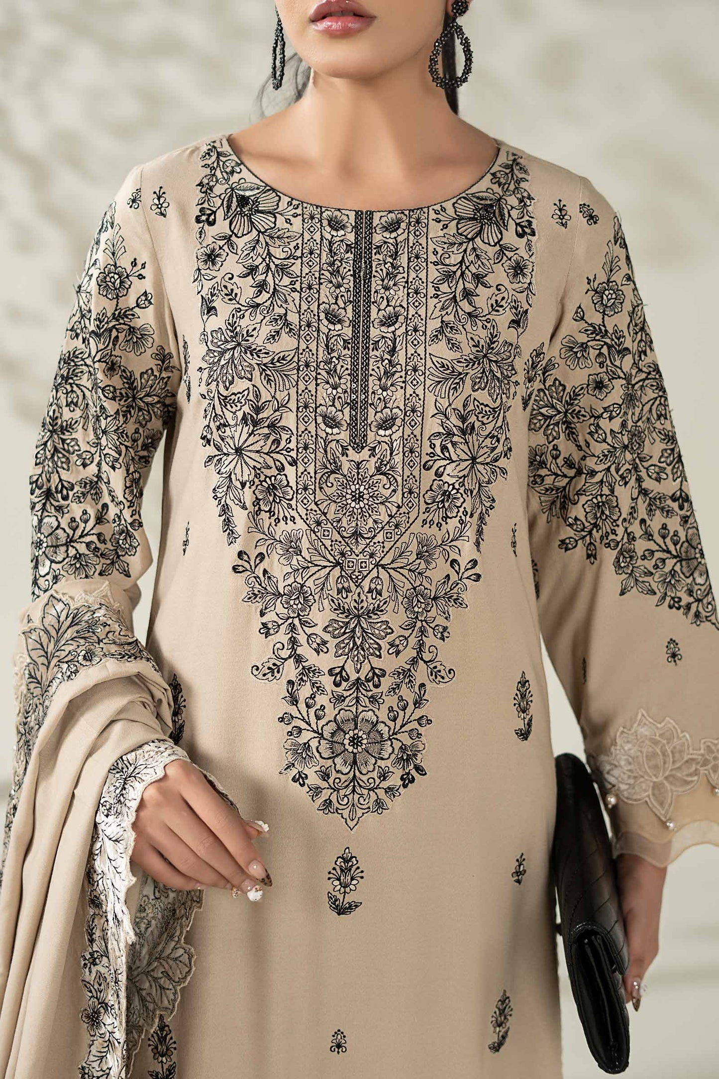3 Piece Embroidered Beige Karandi Suit