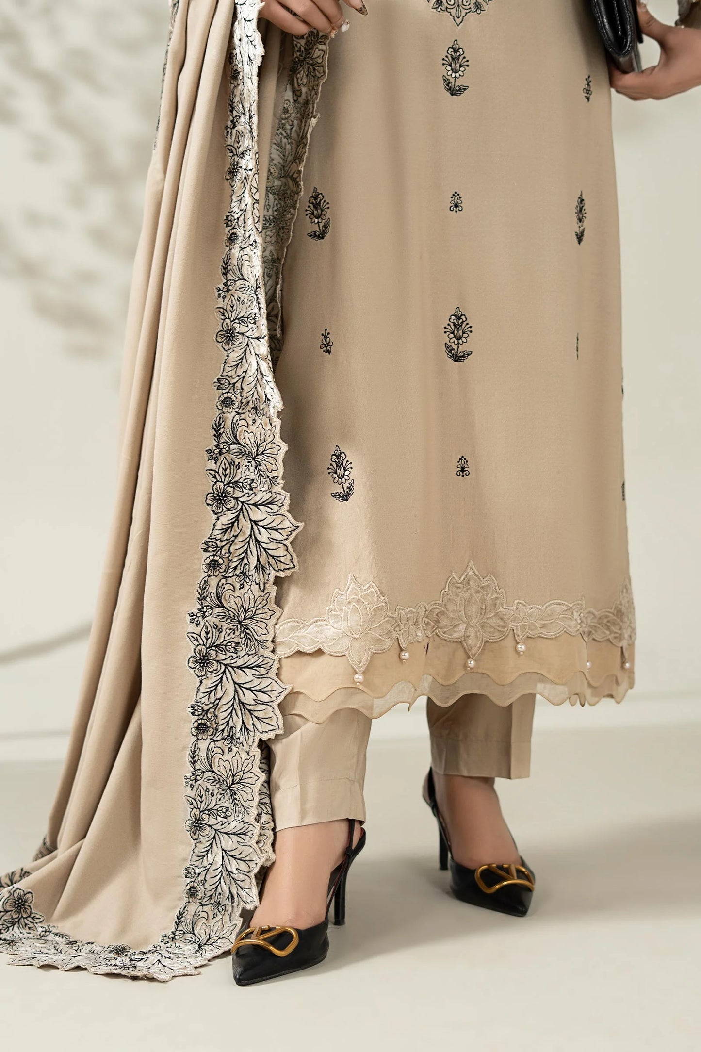 3 Piece Embroidered Beige Karandi Suit