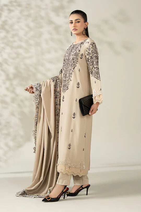 3 Piece Embroidered Beige Karandi Suit