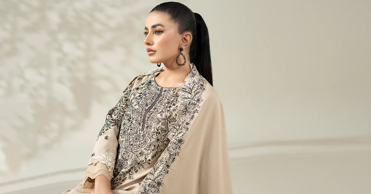 3 Piece Embroidered Beige Karandi Suit