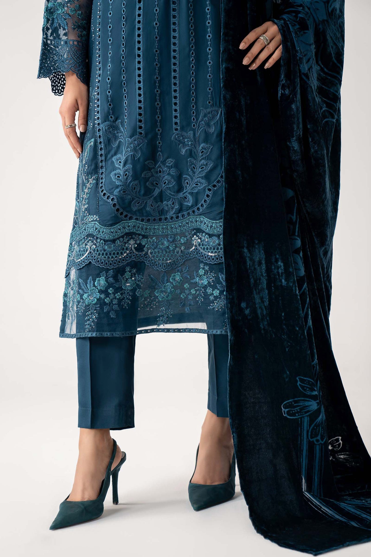 3 Piece Embroidered Teal Linen Suit
