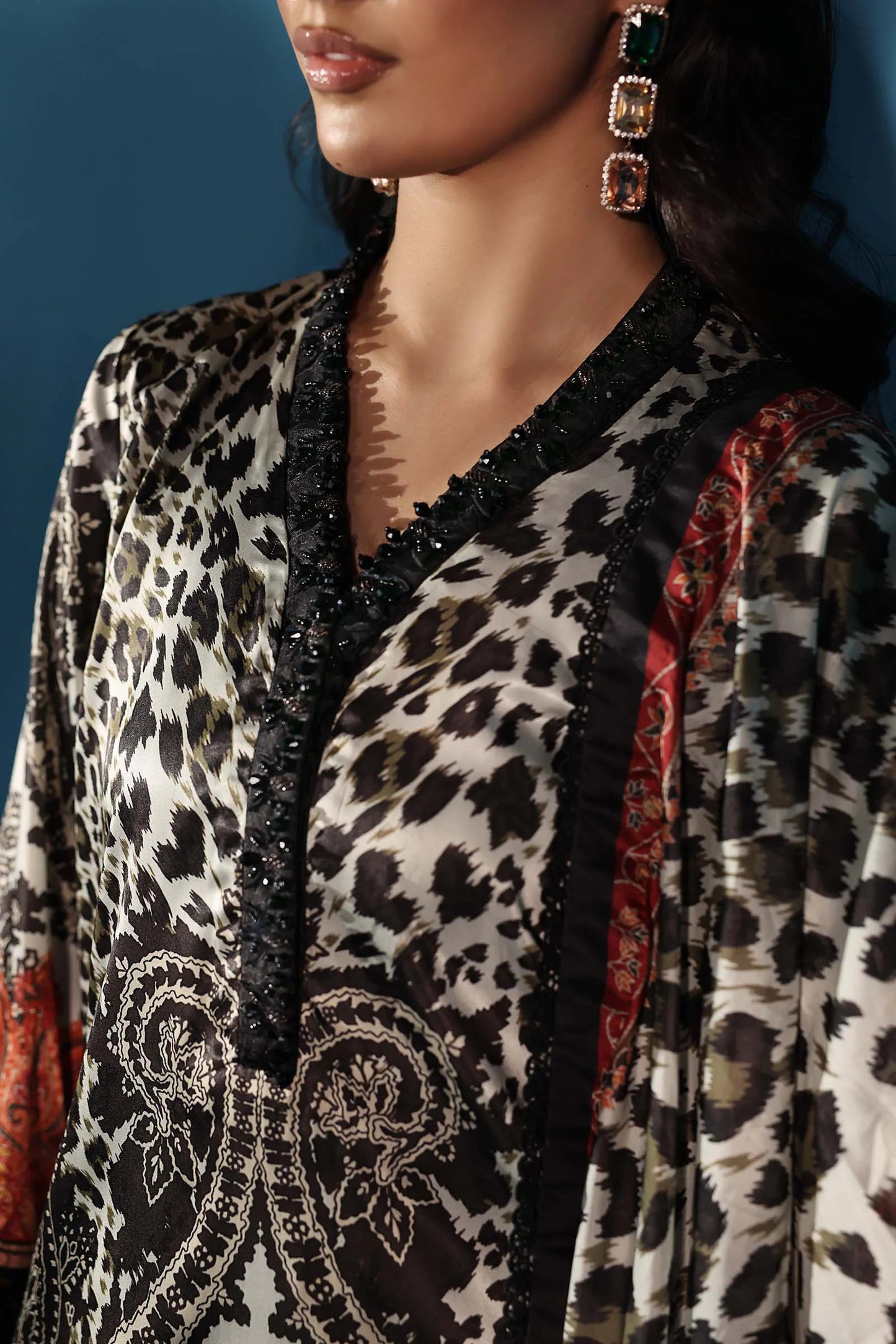 3 Piece Embroidered Black and White Satin Silk Suit