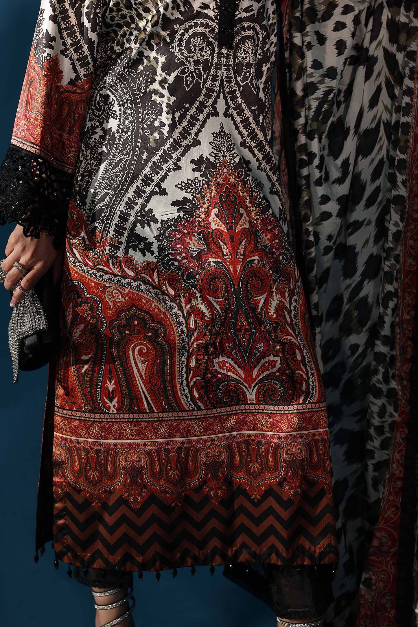 3 Piece Embroidered Black and White Satin Silk Suit