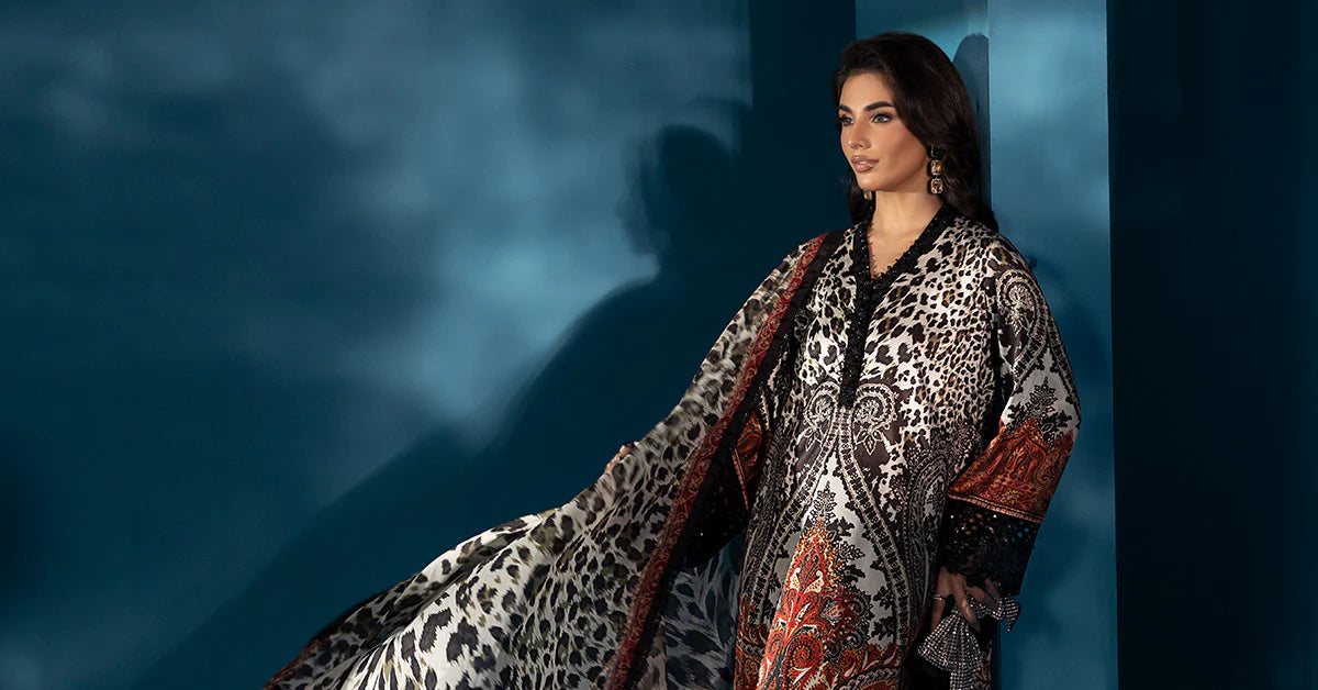 3 Piece Embroidered Black and White Satin Silk Suit