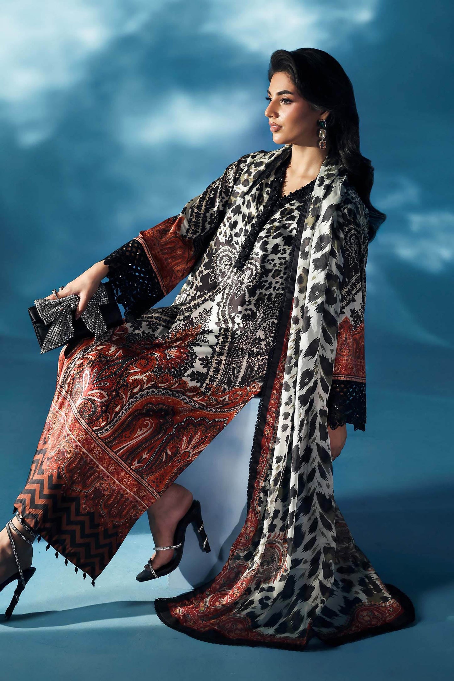 3 Piece Embroidered Black and White Satin Silk Suit