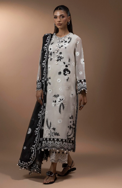 Stitched Beige & Black Embroidered Shirt