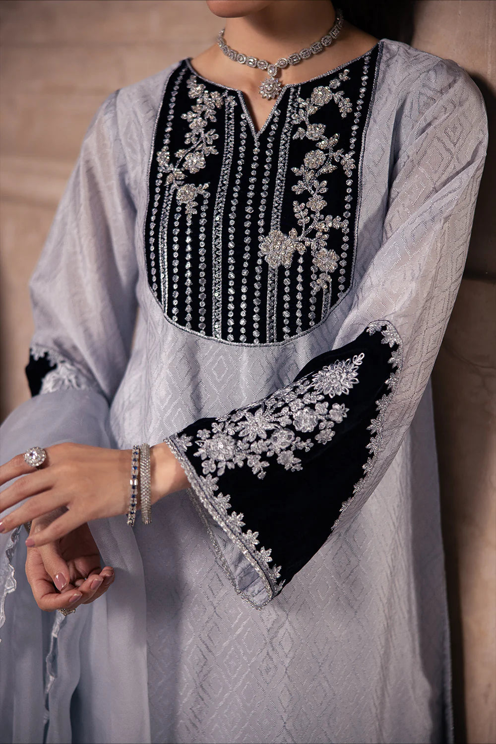 Celestial Silver – Silver Grey Stitched Formal Wear
