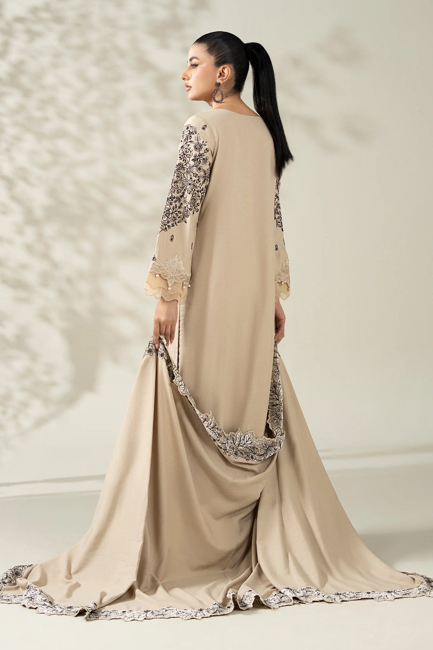 3 Piece Embroidered Beige Karandi Suit