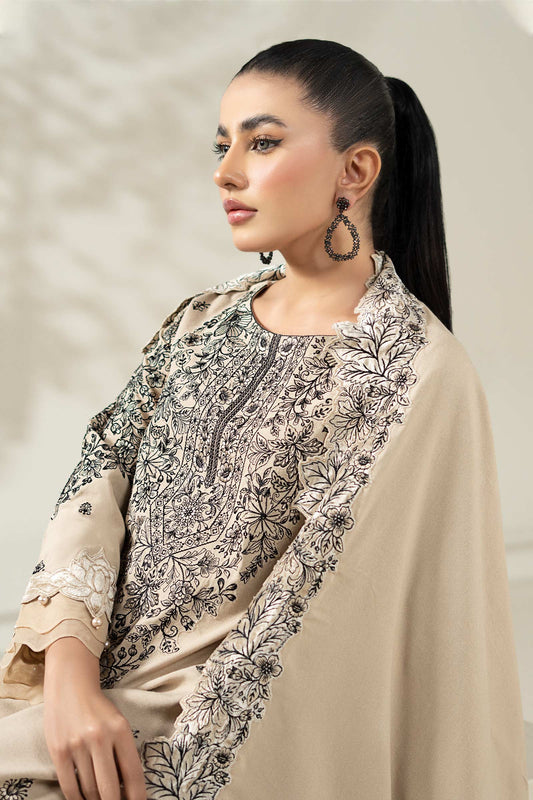 3 Piece Embroidered Beige Karandi Suit