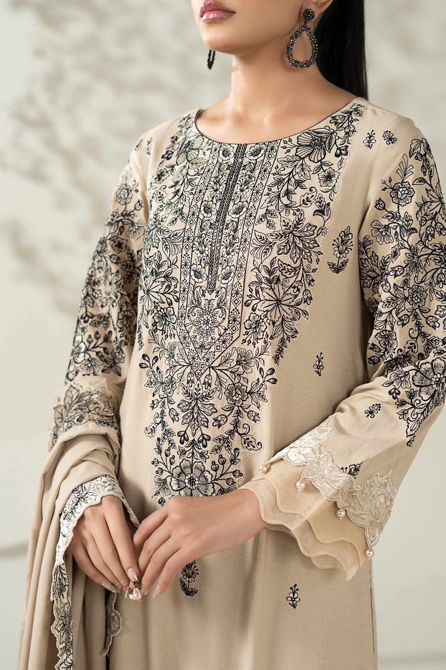 3 Piece Embroidered Beige Karandi Suit