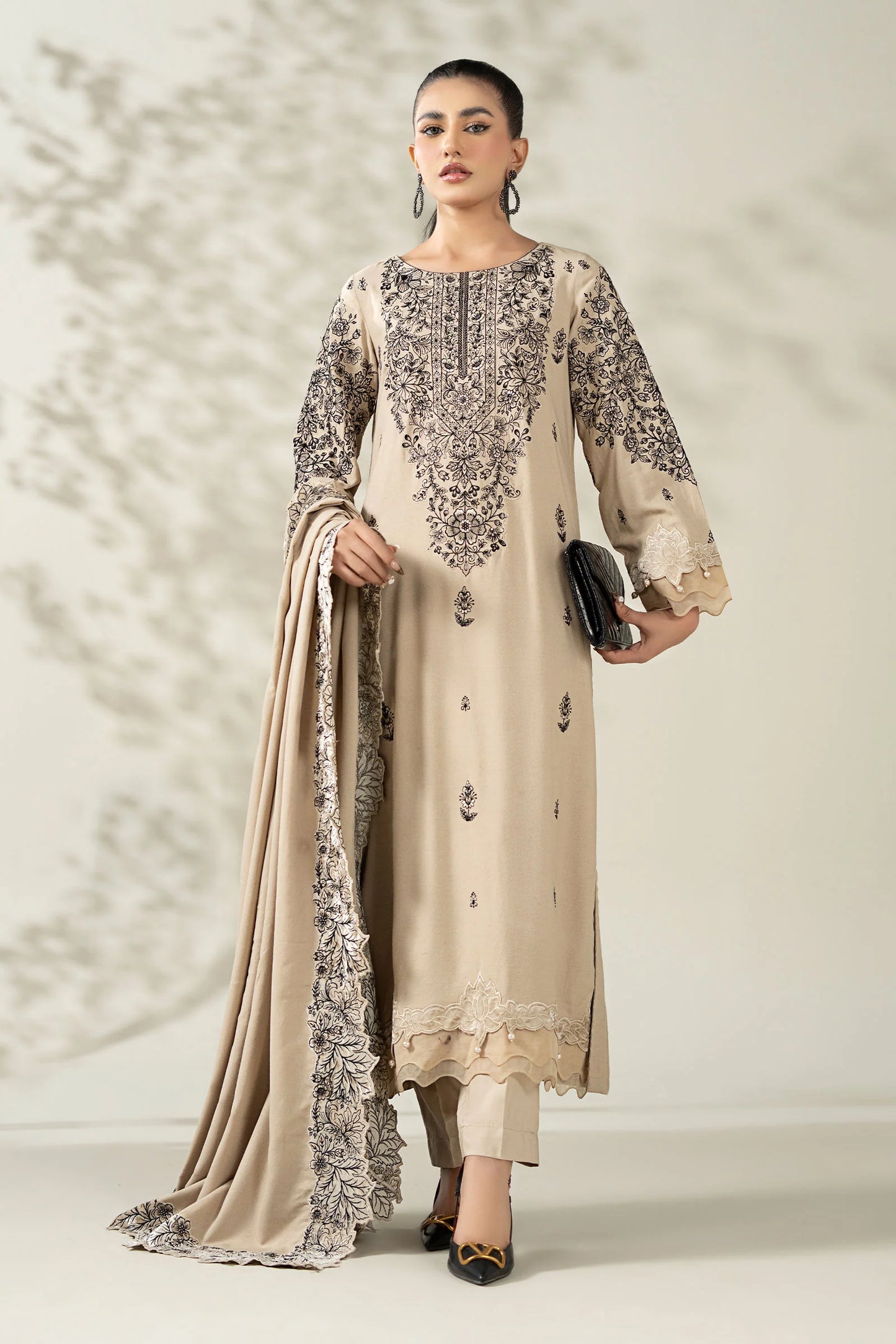 3 Piece Embroidered Beige Karandi Suit
