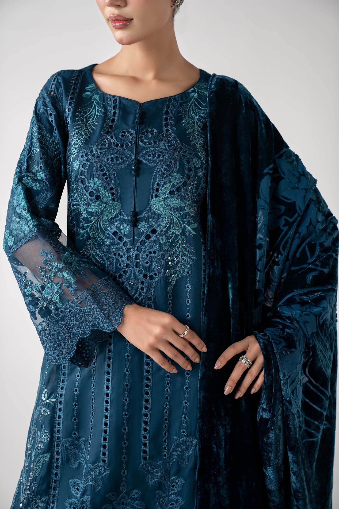 3 Piece Embroidered Teal Linen Suit