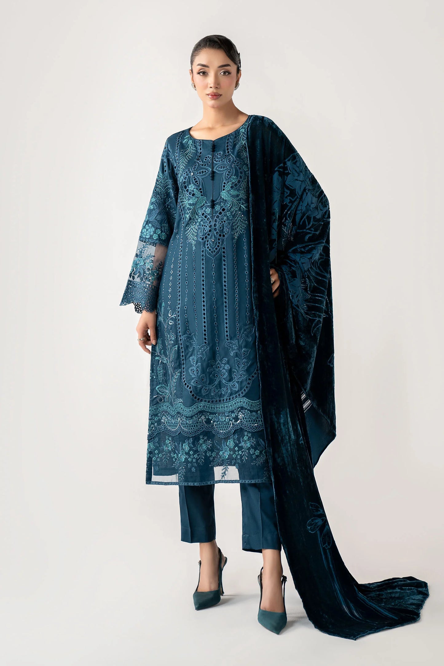 3 Piece Embroidered Teal Linen Suit