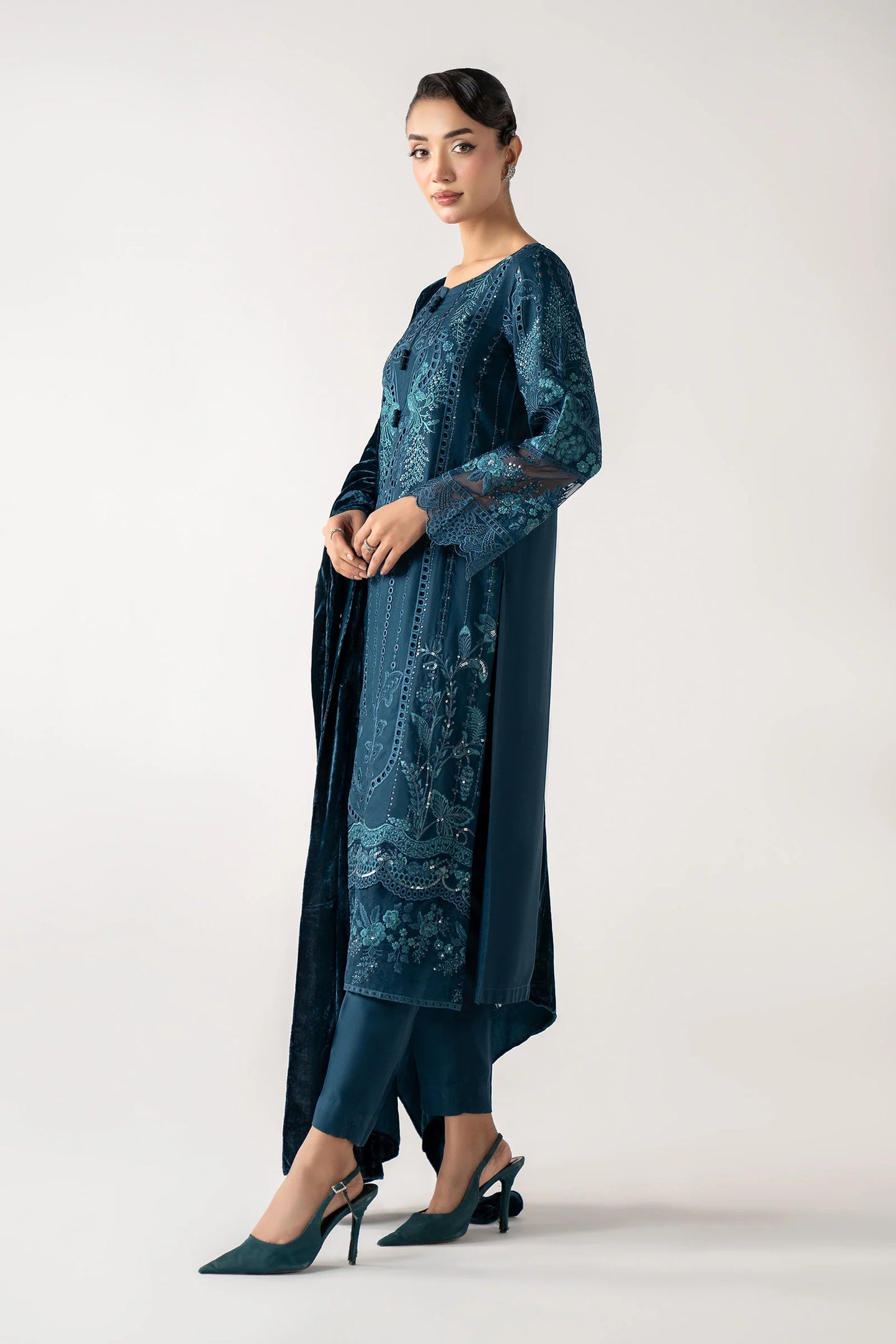 3 Piece Embroidered Teal Linen Suit