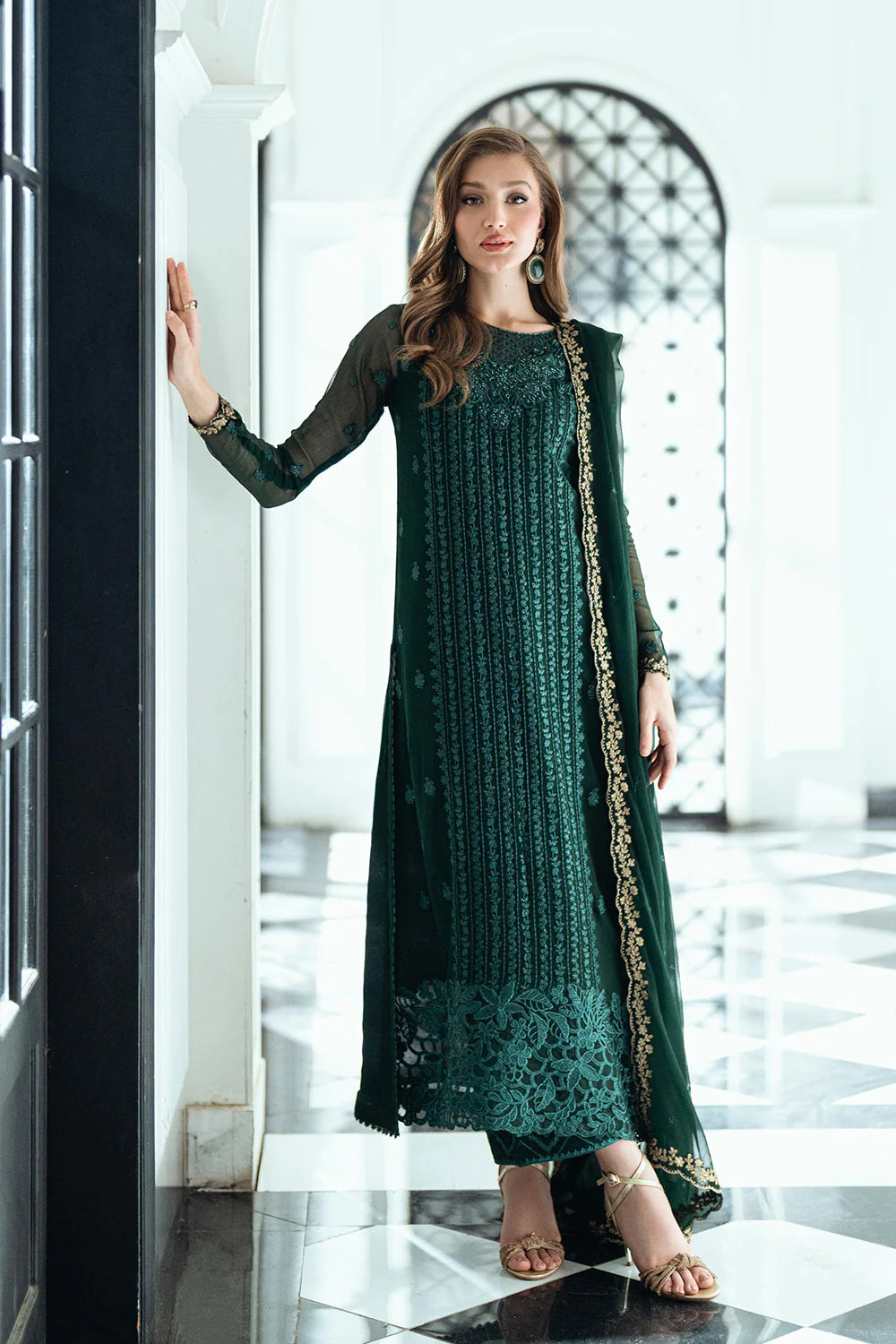 Emerald Whisper – Luxury Formal Stitched Chiffon Dress