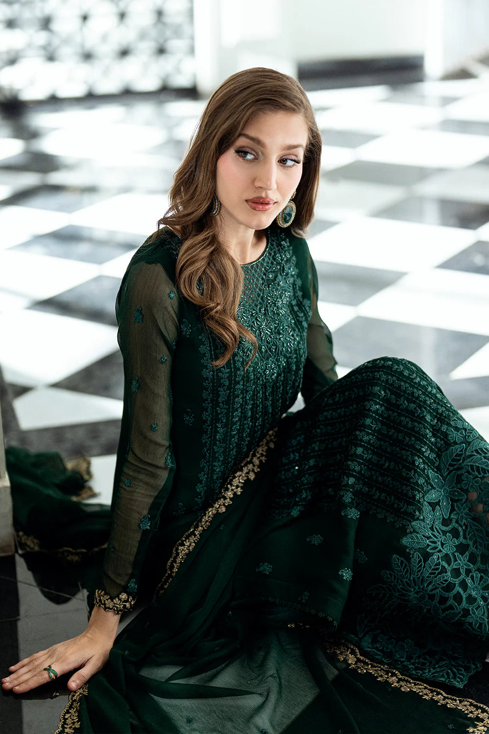 Emerald Whisper – Luxury Formal Stitched Chiffon Dress