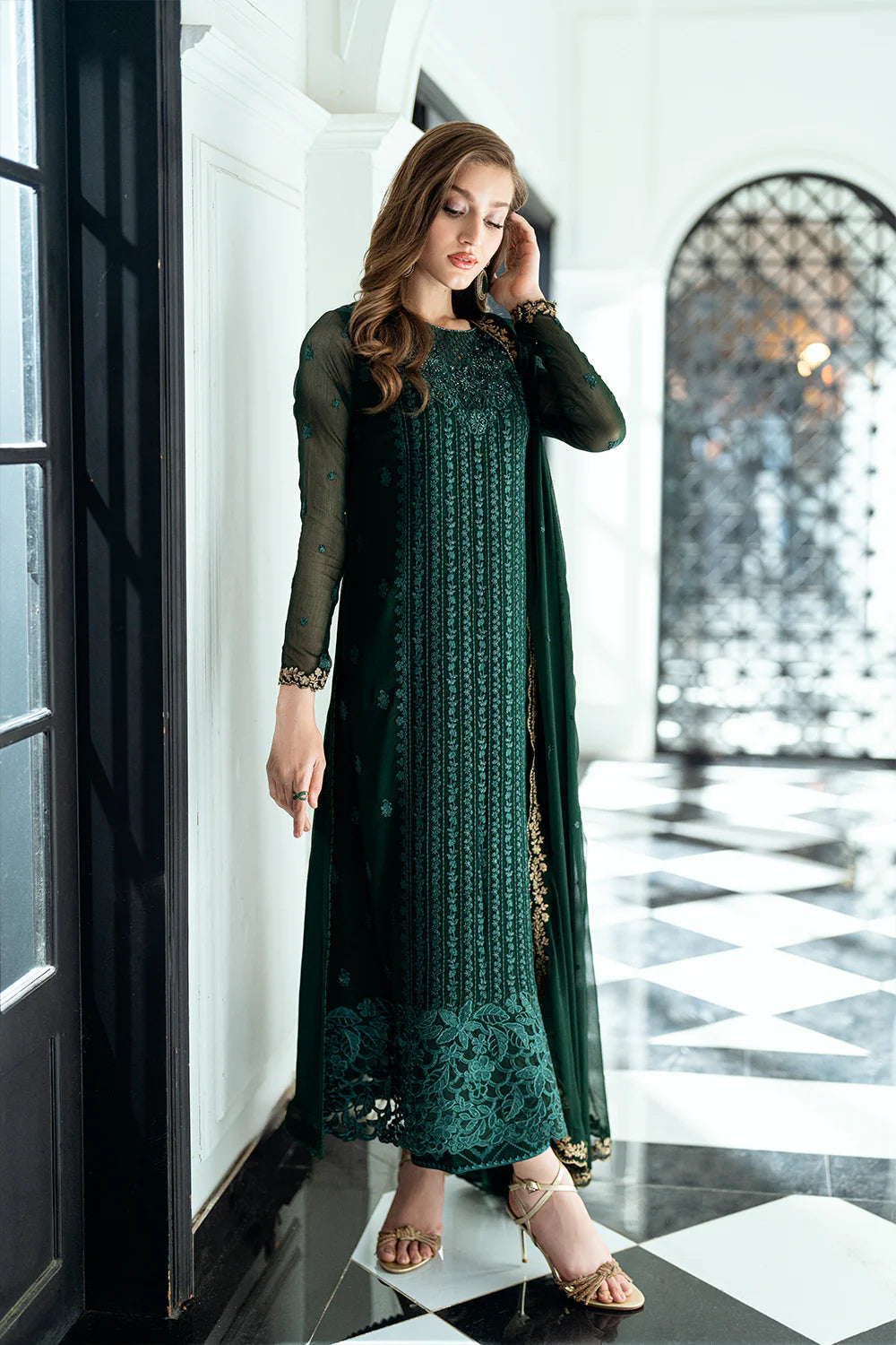 Emerald Whisper – Luxury Formal Stitched Chiffon Dress