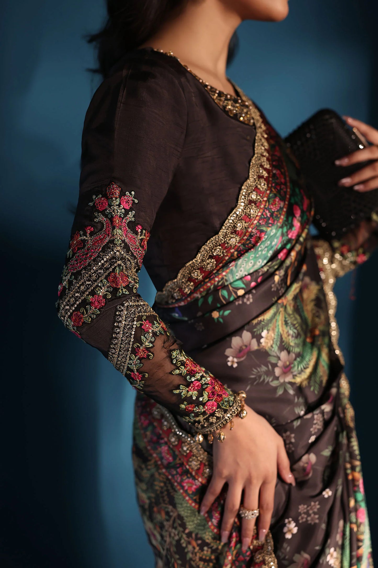 Embroidered Black Satin Silk Saree