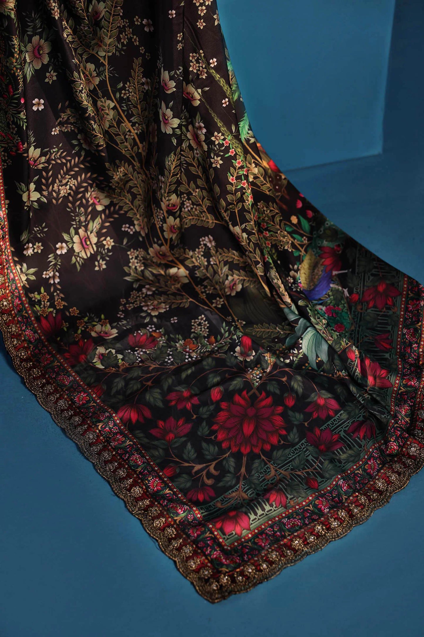 Embroidered Black Satin Silk Saree