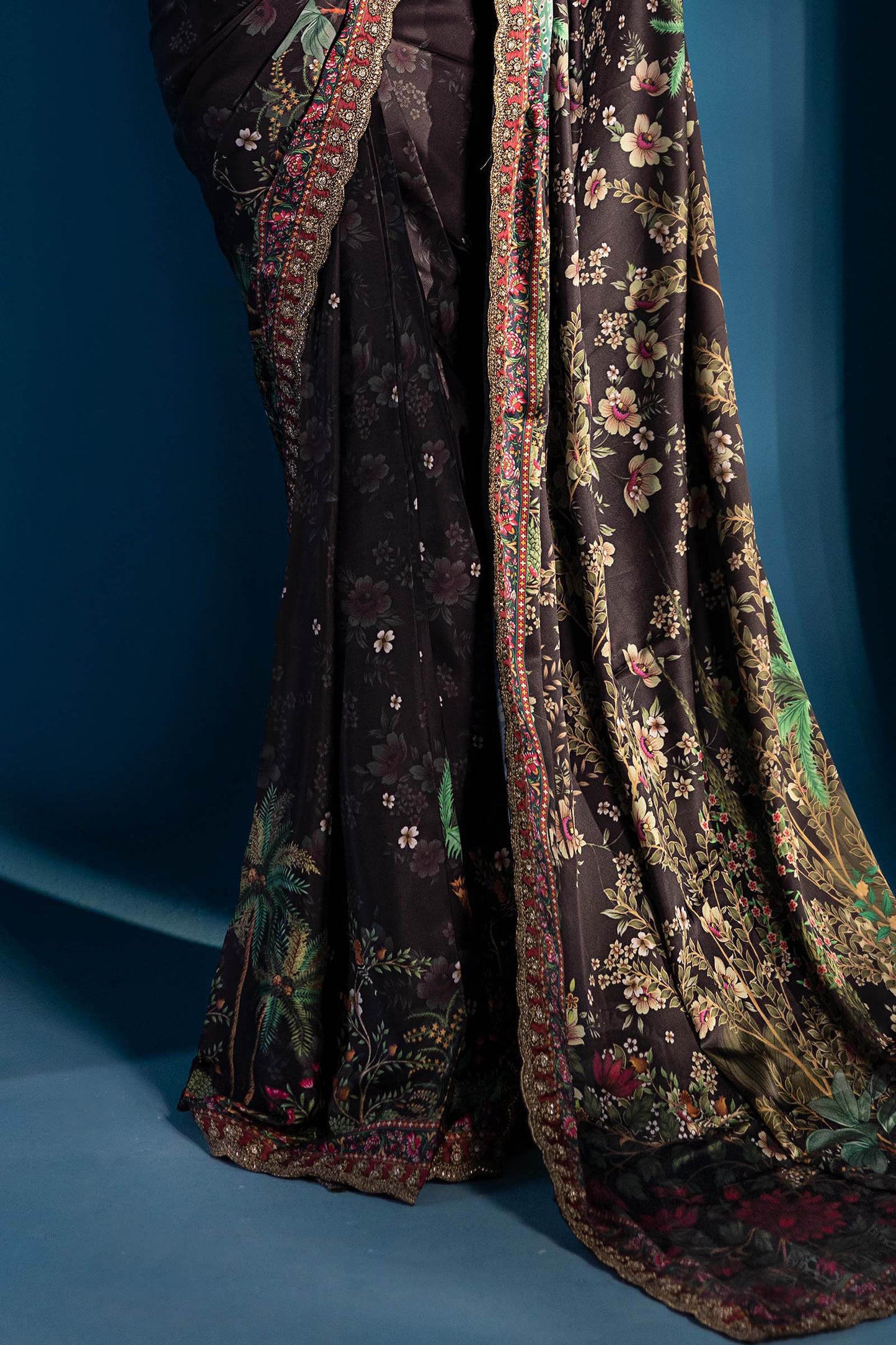 Embroidered Black Satin Silk Saree