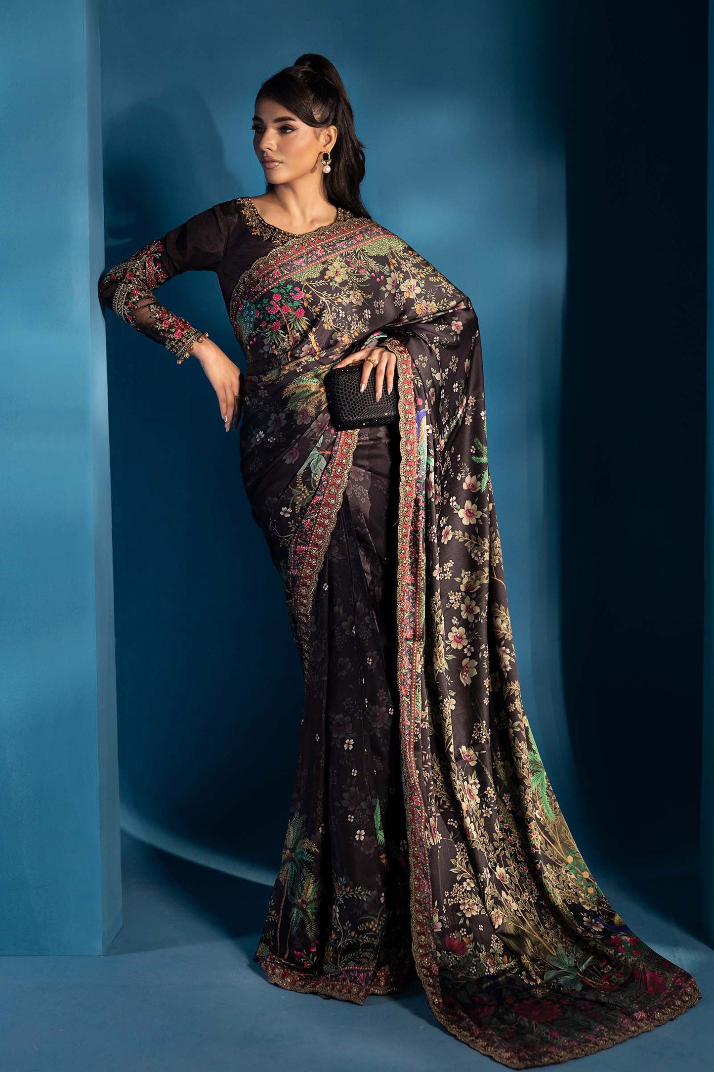 Embroidered Black Satin Silk Saree