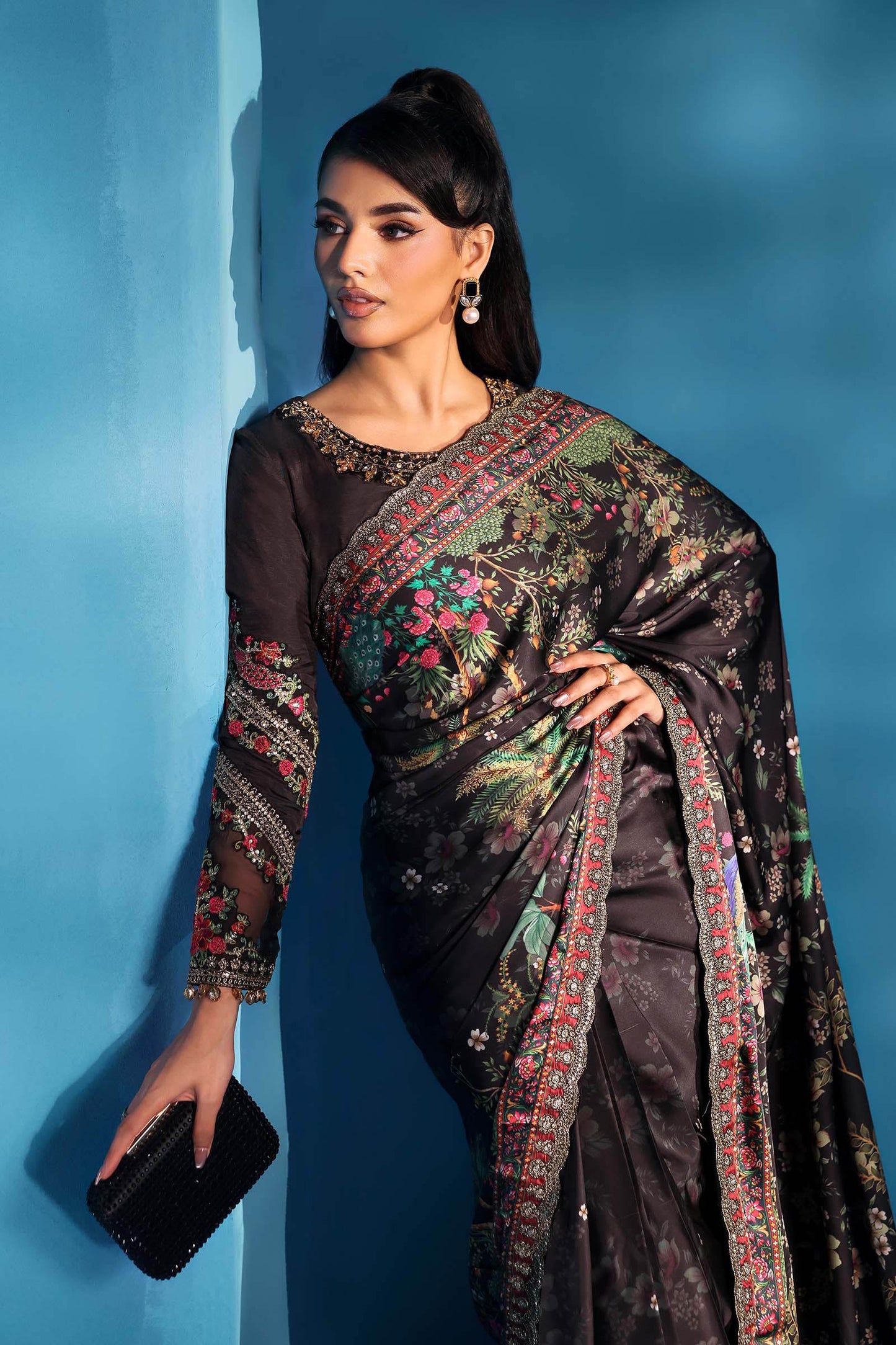 Embroidered Black Satin Silk Saree