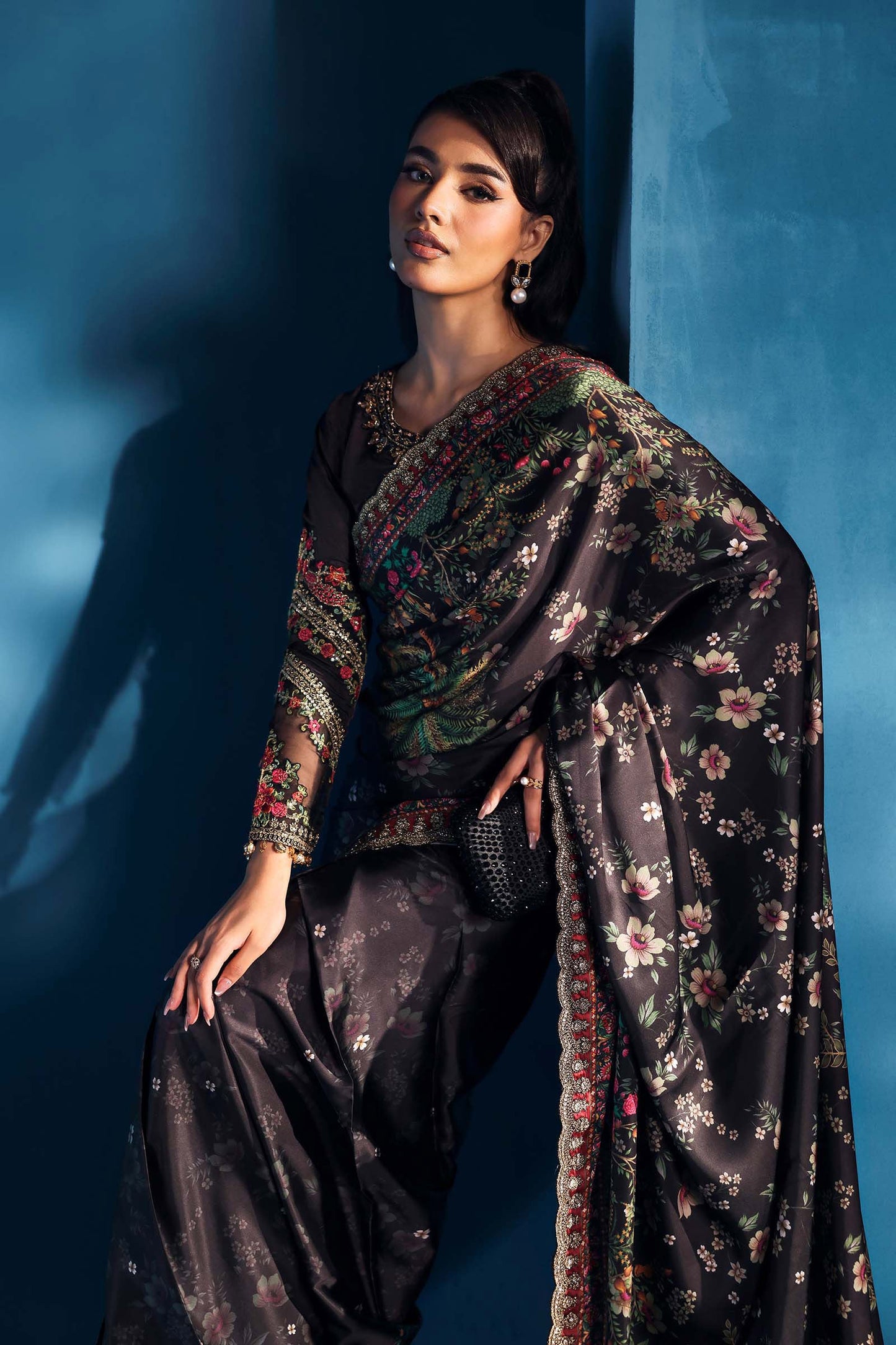 Embroidered Black Satin Silk Saree