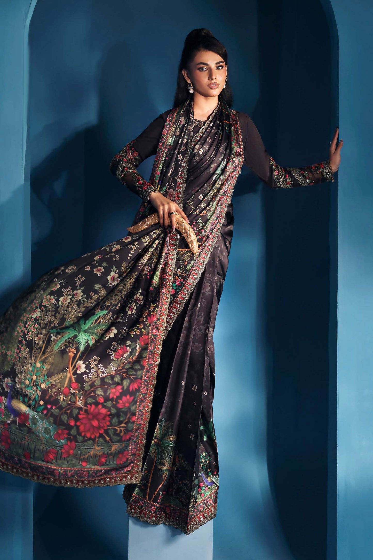 Embroidered Black Satin Silk Saree