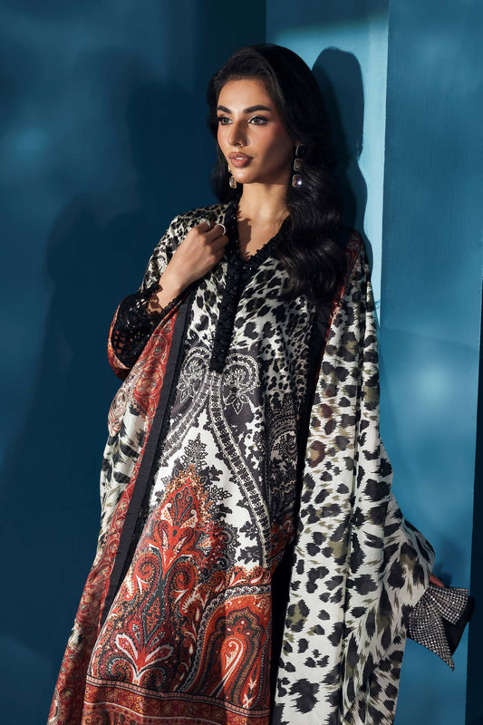 3 Piece Embroidered Black and White Satin Silk Suit