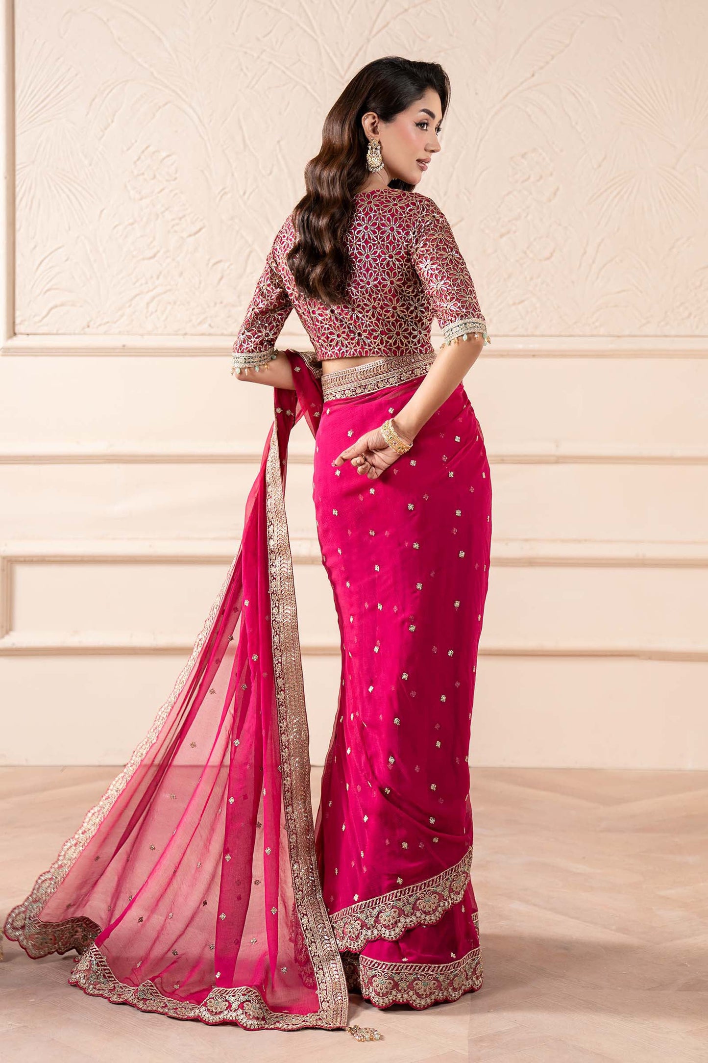 Embroidered Pink Chiffon Saree
