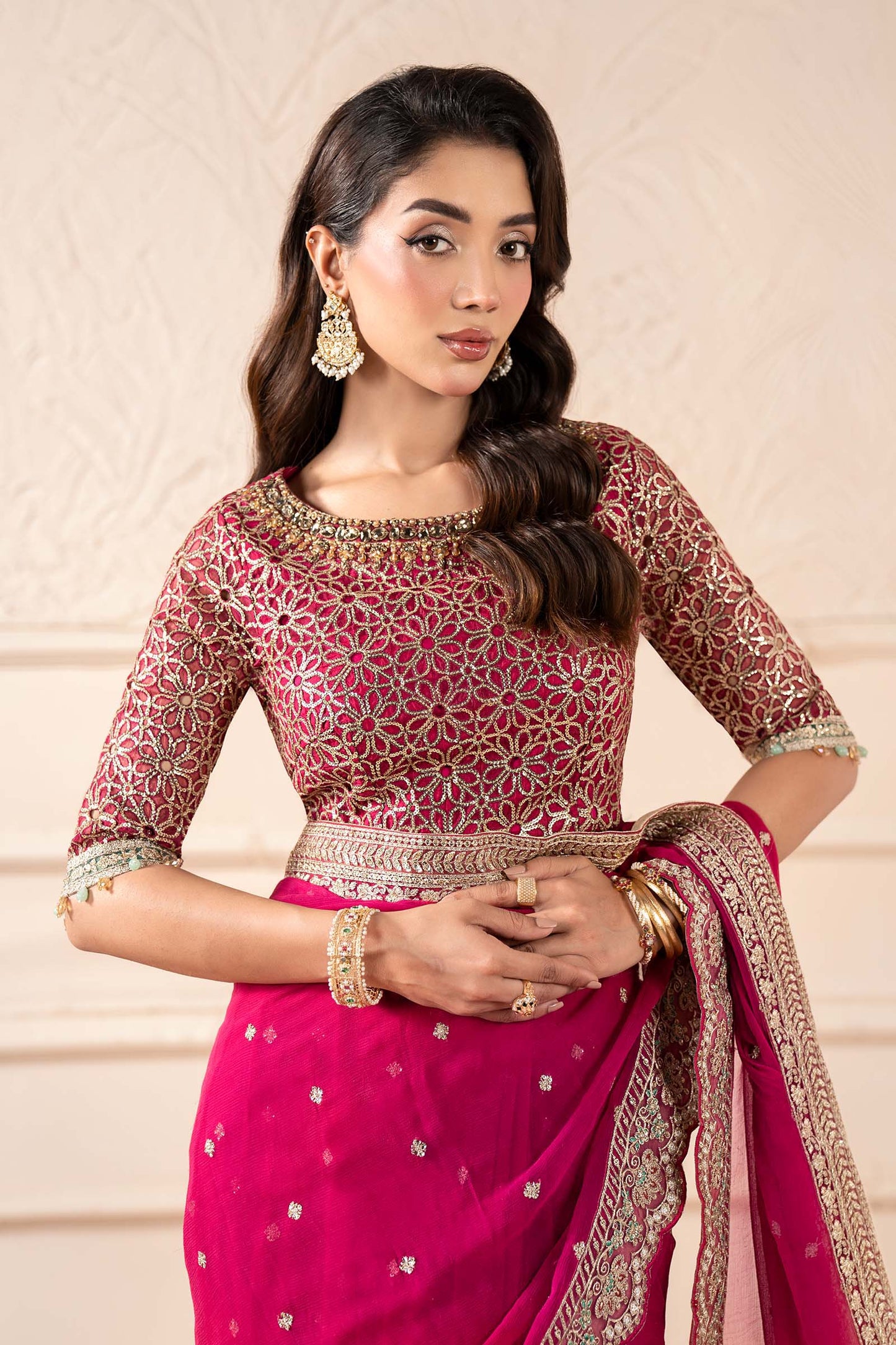 Embroidered Pink Chiffon Saree
