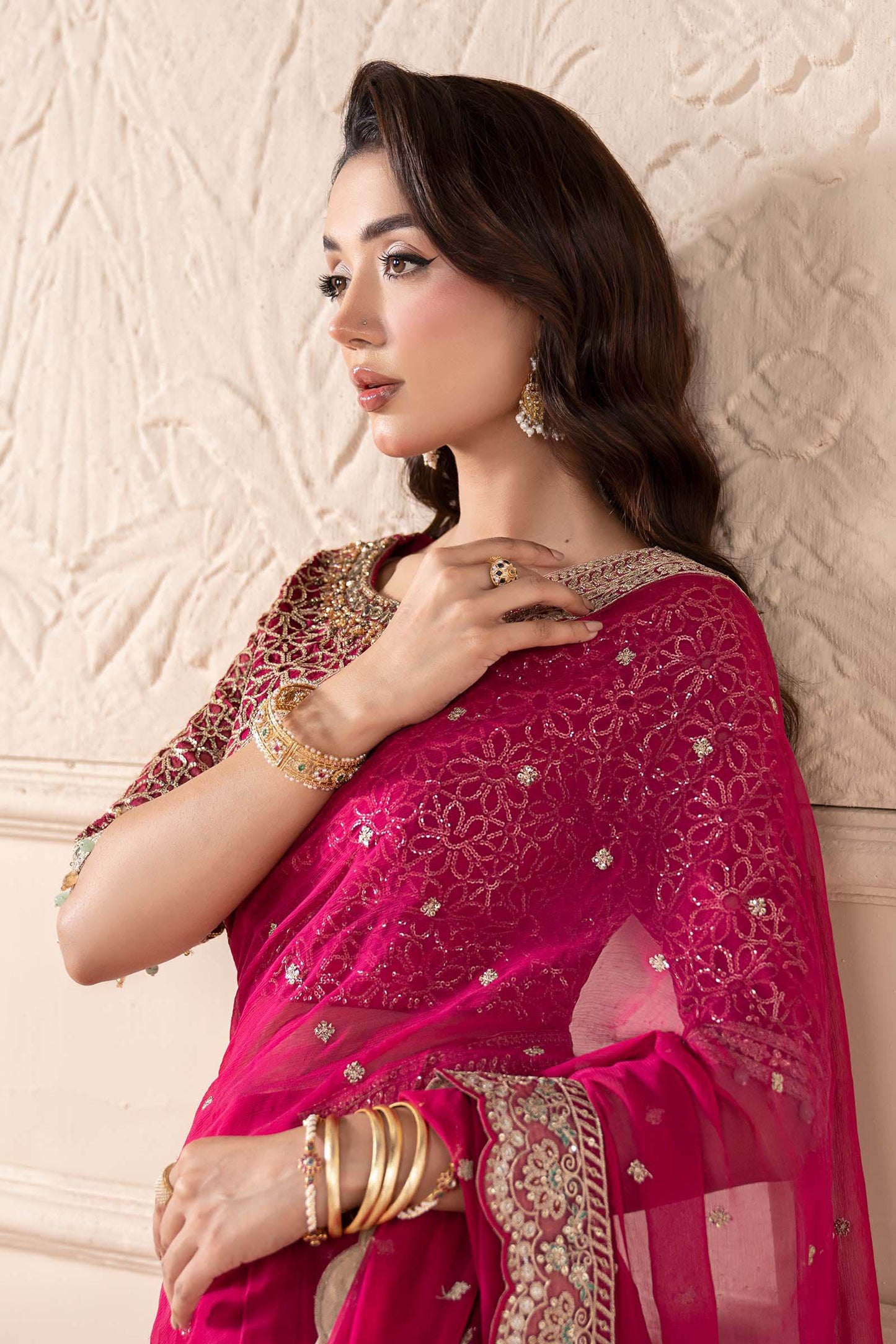 Embroidered Pink Chiffon Saree