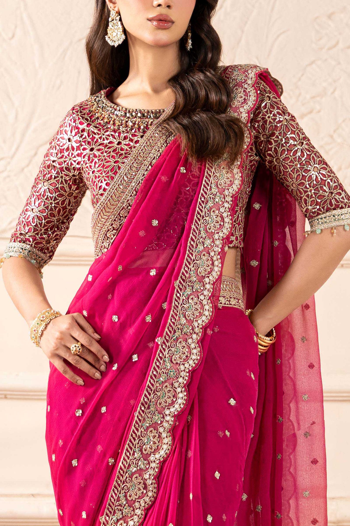 Embroidered Pink Chiffon Saree
