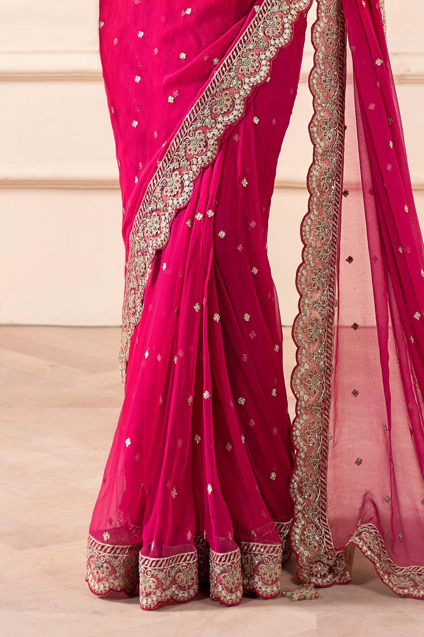 Embroidered Pink Chiffon Saree