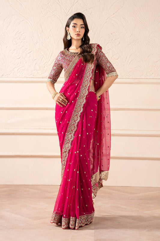 Embroidered Pink Chiffon Saree