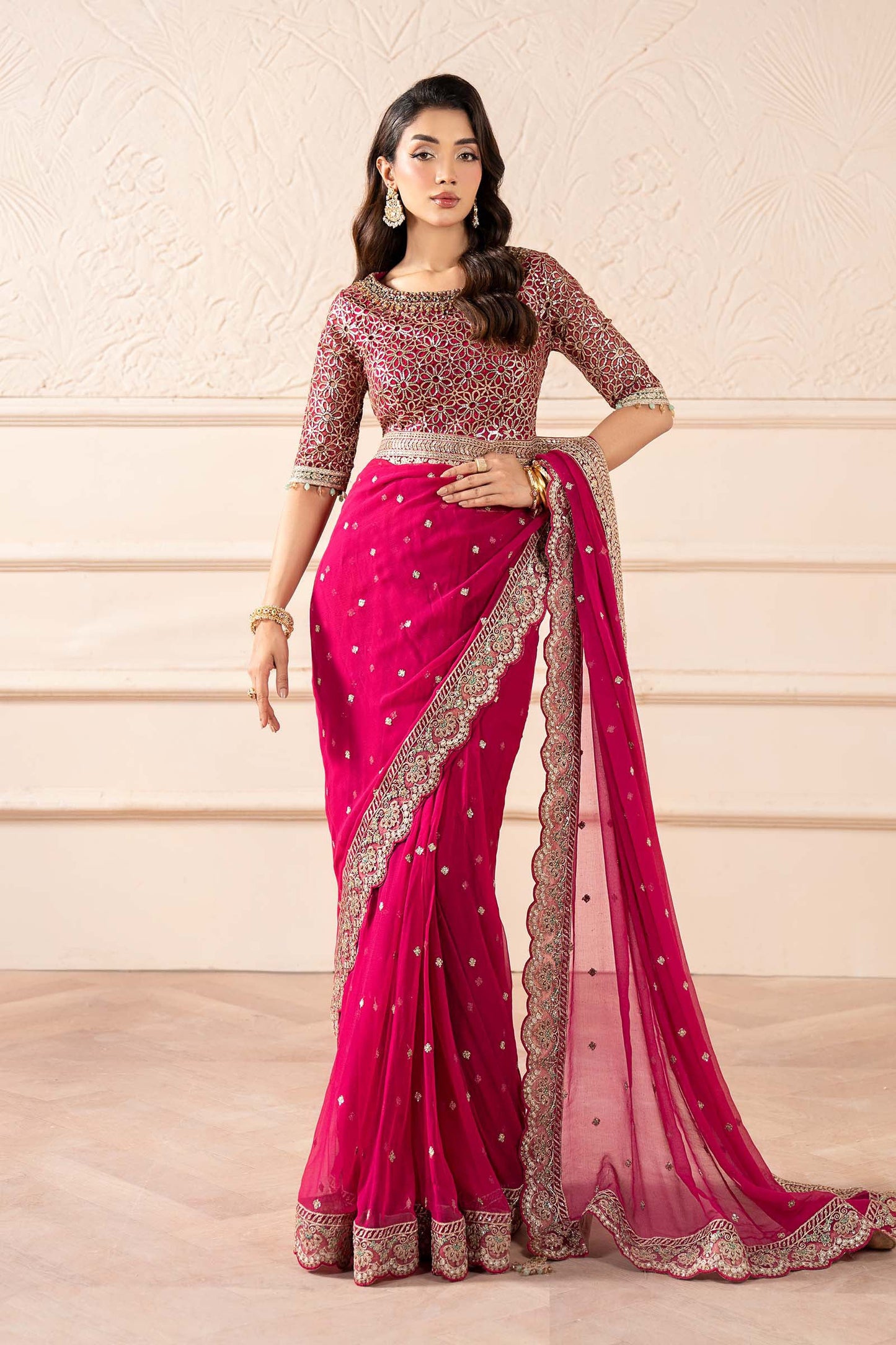 Embroidered Pink Chiffon Saree