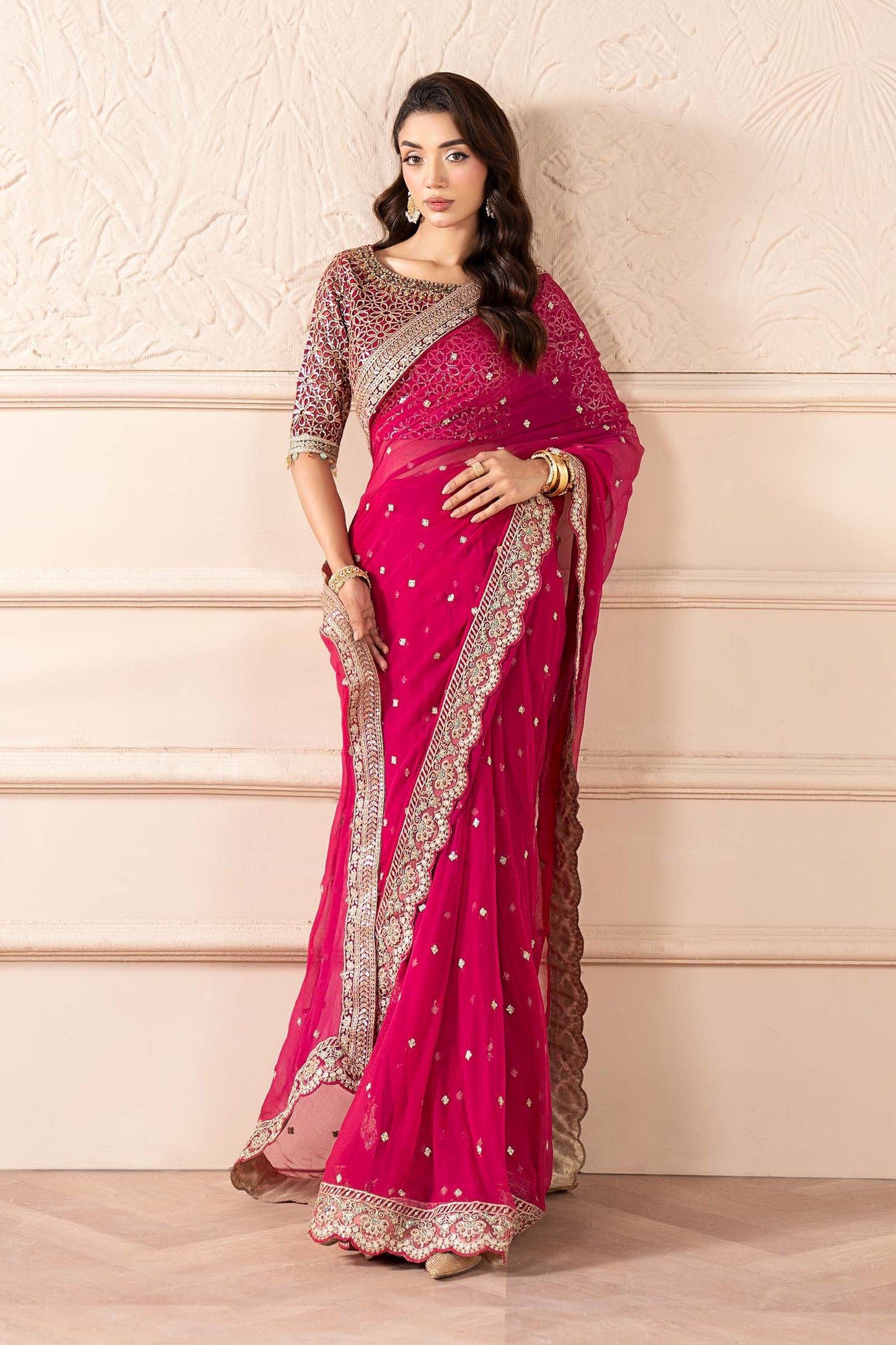 Embroidered Pink Chiffon Saree