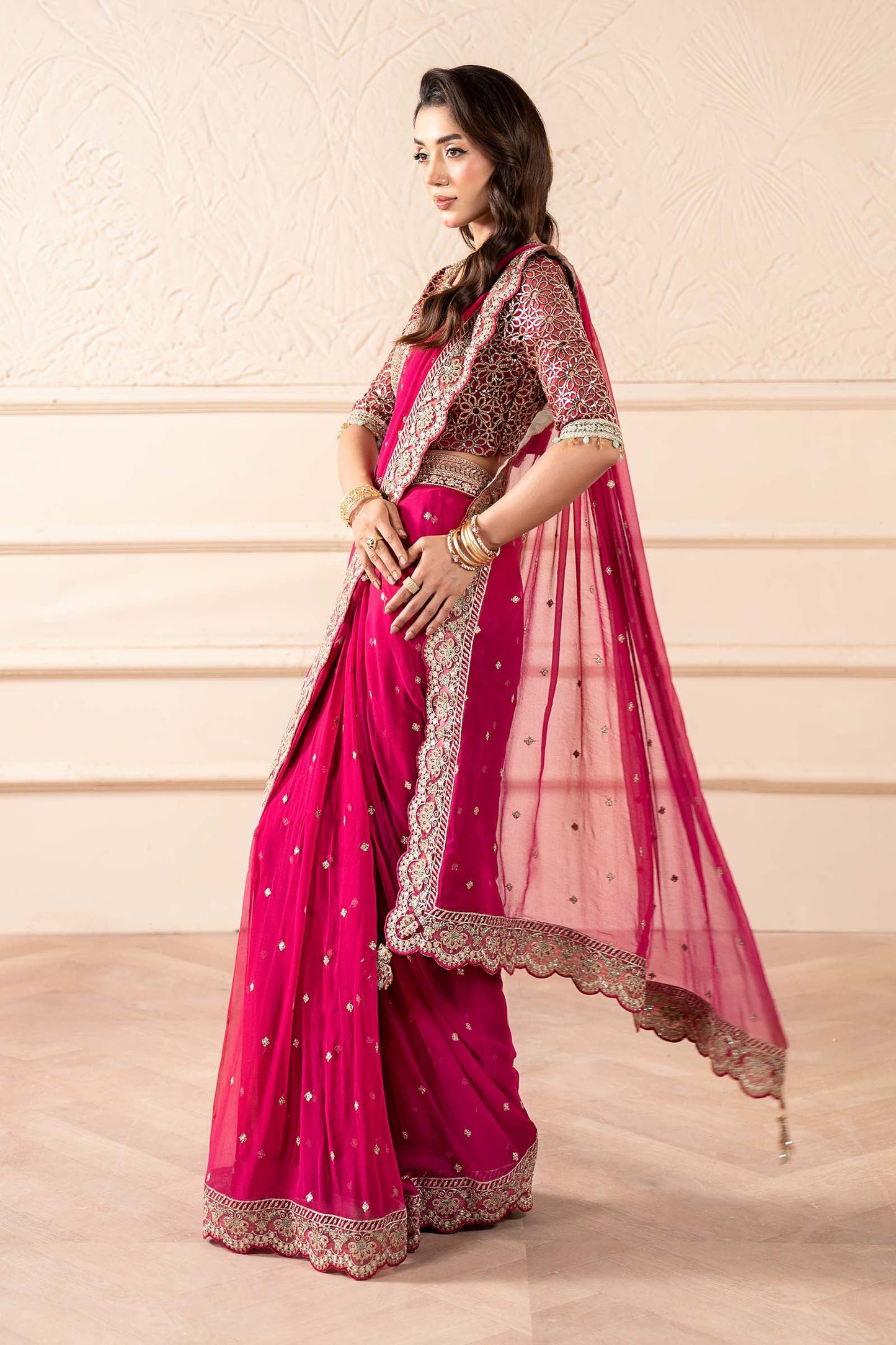 Embroidered Pink Chiffon Saree